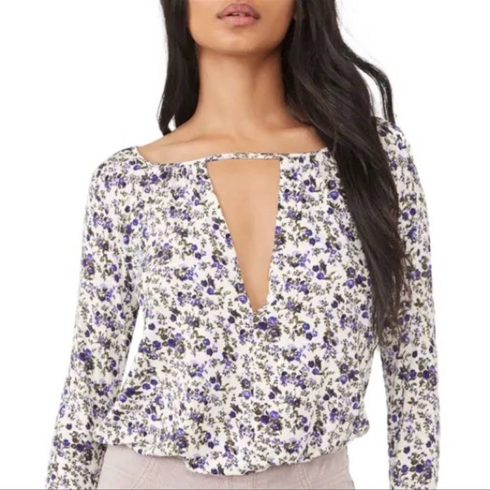 NWT Free People Kaya Bodysuit Floral Print Keyhole Cutout V-Neck Ivory Combo XS